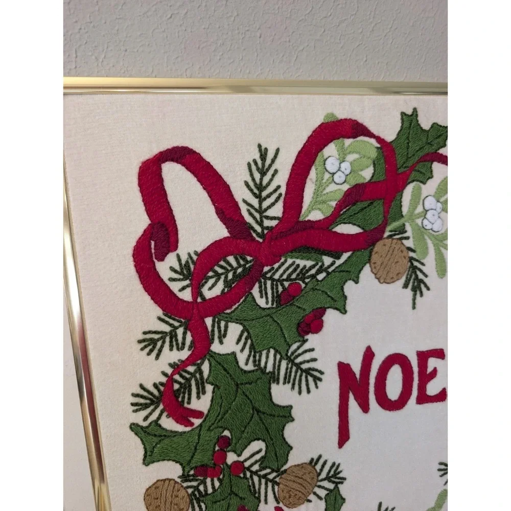 Vintage Christmas Wreath Noel Ribbon Crewel Gold Framed Artwork Holiday Decor